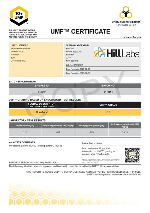 HADDRELL's Manuka Honey UMF 10+ (test results UMF 12+), MGO 365,