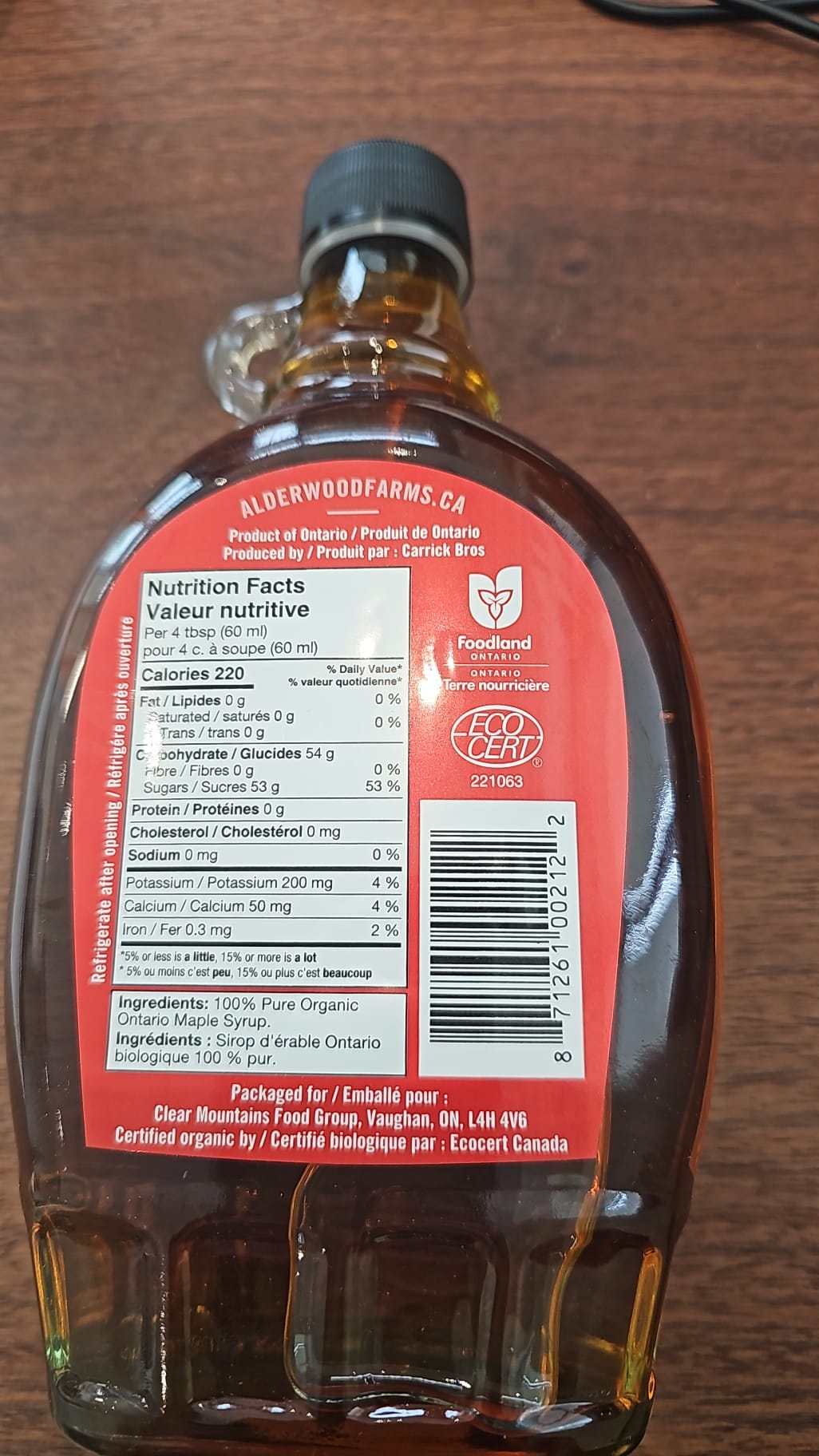ORGANIC ONTARIO MAPLE SYRUP ALDERWOOD FARM